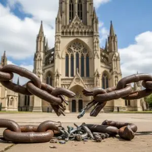 A broken metal chain in front of Peterborough Cathedral, symbolizing a collapsed property chain for a house sale